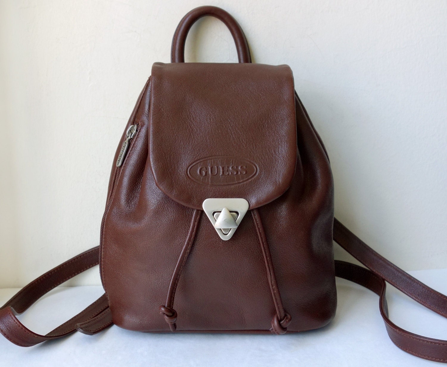 Vintage Guess Chocolate Brown Backpack with Flap Drawstring