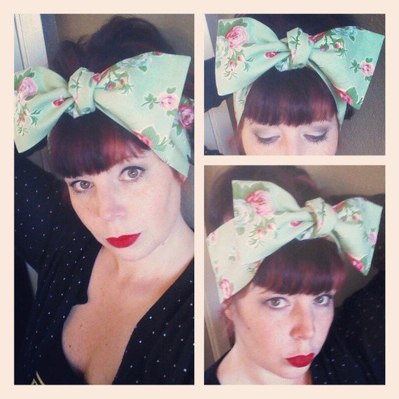 Items similar to Light Green Floral Headwrap Bandana Hair Big Bow Tie ...