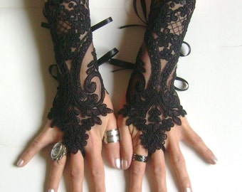 Black or ivory lace gloves french lace bridal lace wedding fingerless gothic gloves black camarilla burlesque vampire glove guantes 250
