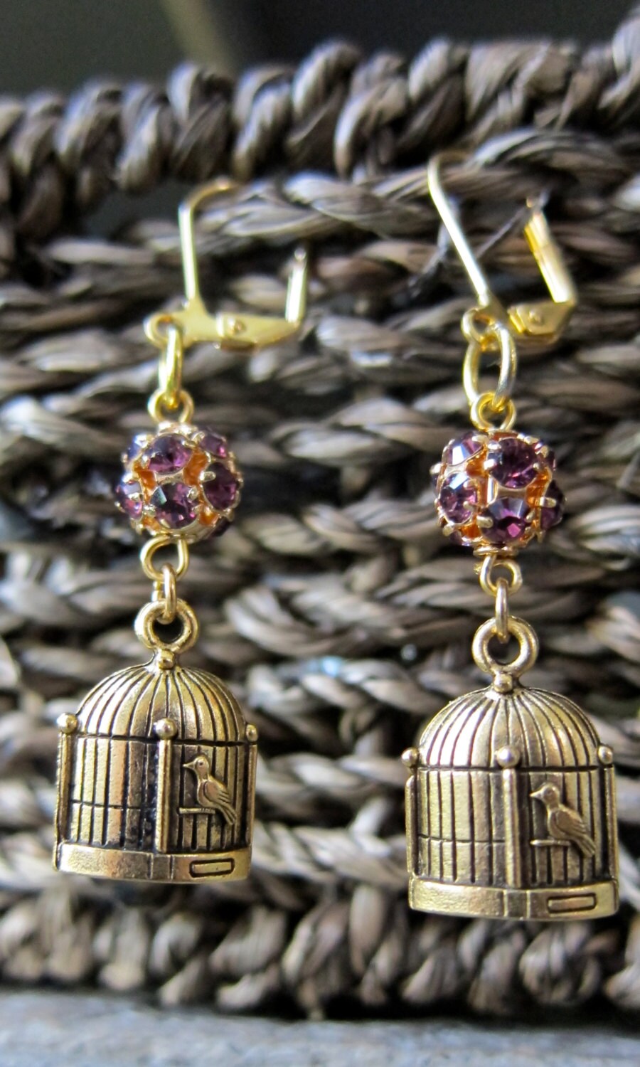 Pink Rhinestone Bird Cage Earrings Birdcage by AvignonHandmade