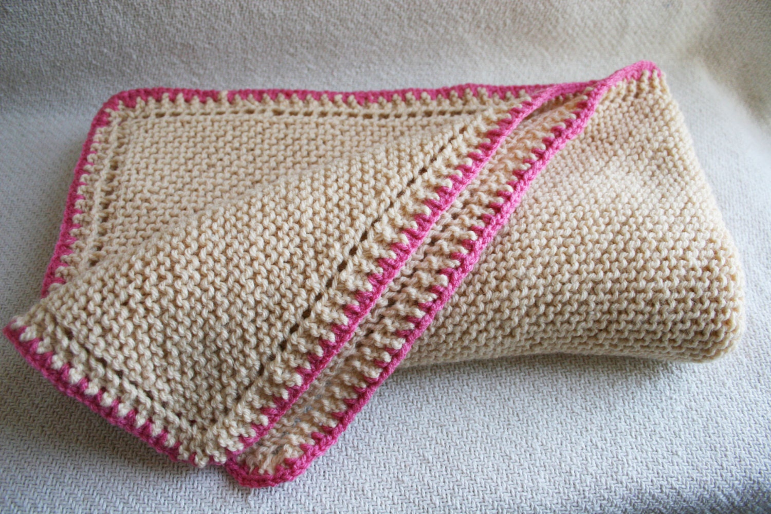 Hand Knit Baby Blanket Cream and Pink