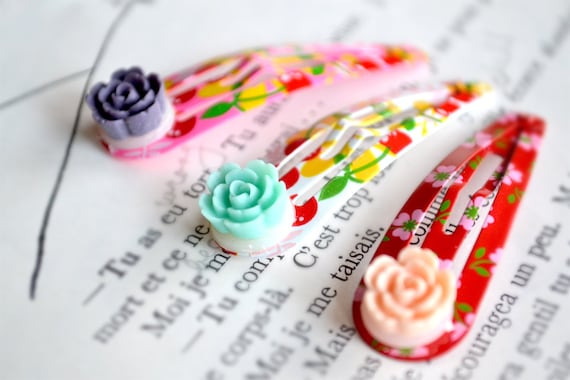 Cherry and Flower Print Hair Clips in Pink White and Red (Set of Three)