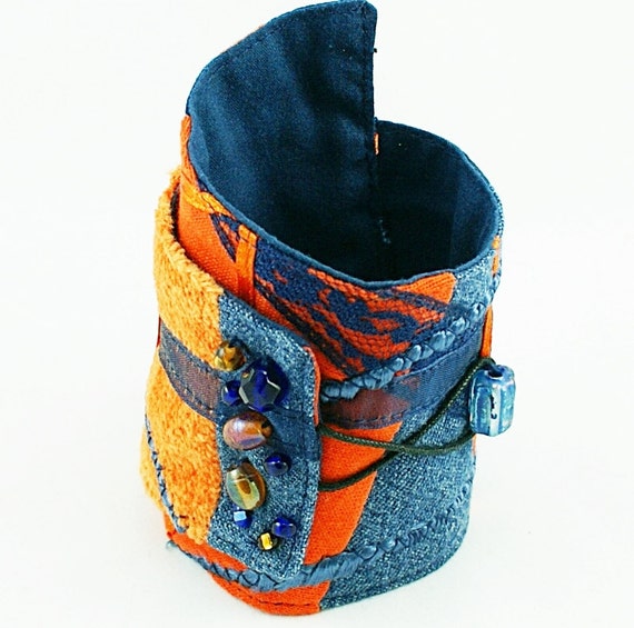 Items similar to Cuff Bracelet Art Jewelry Orange Blue Handmade Cuff