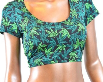 Pot Weed Marijuana Print Short Sleeve Scoop Neck Crop Top -E7131