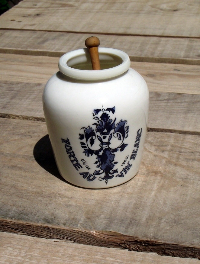 French Vintage Mustard Jar Grey Poupon de Dijon with a wooden spoon