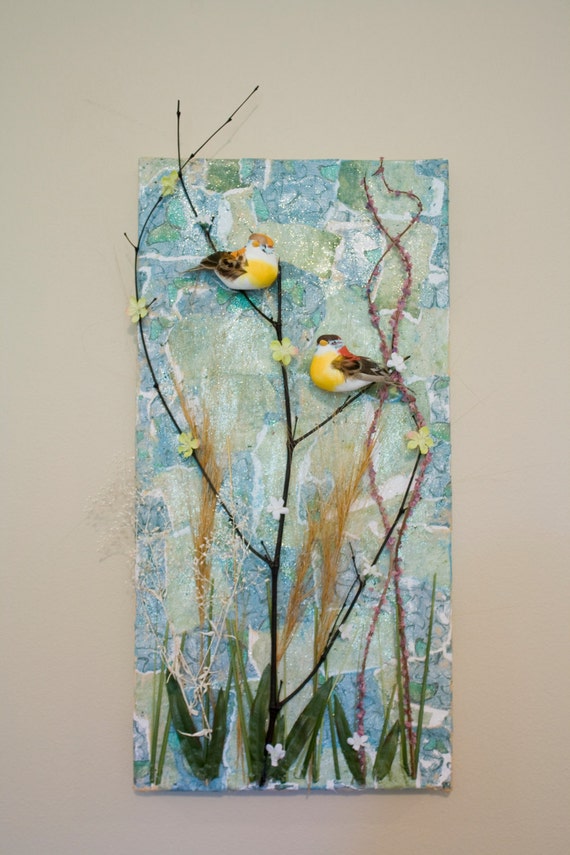 Items similar to 3D Wall Art Mixed Media Blue collage with foliage