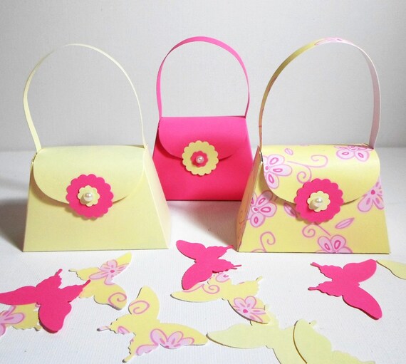 Purse Party Favor Boxes Pink and Yellow Assembled Purses