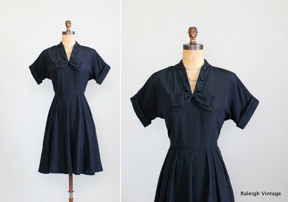 Vintage 1950s Dress : 40s 50s Black Faille Swing Dress