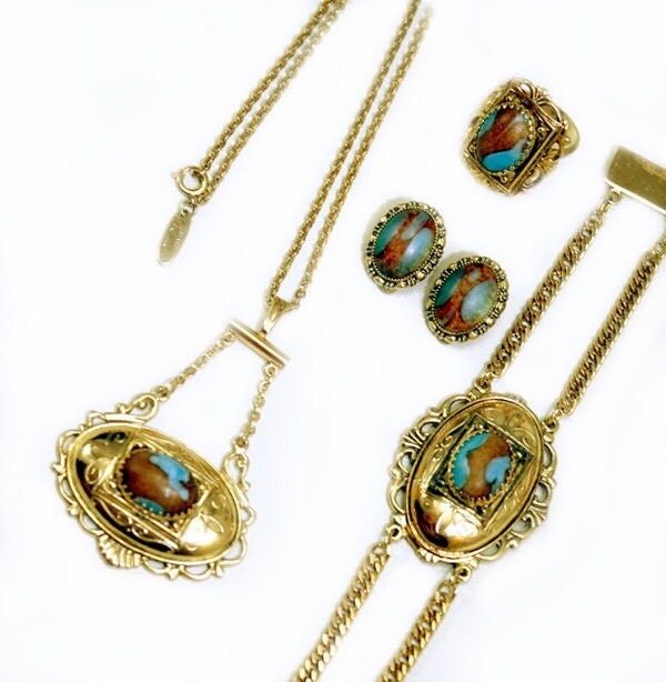 Whiting Davis Jewelry Set Gold w/ Blue Turquoise Art Glass