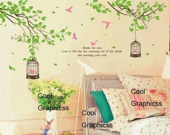 branch wall decal children wall decal nursery wall decal birds decal Vinyl Wall Decal Wall Sticker - Two Branches with birds cage