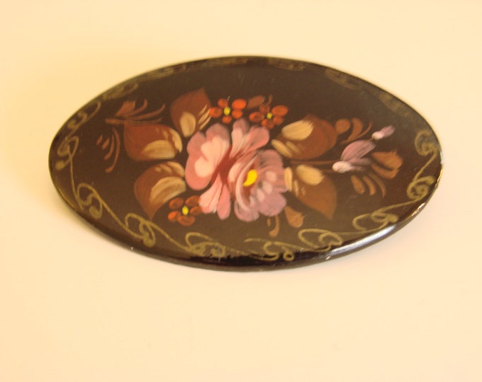 Russian Designer Signed Hand Painted Black Floral Brooch / Vintage Jewelry / Jewellery