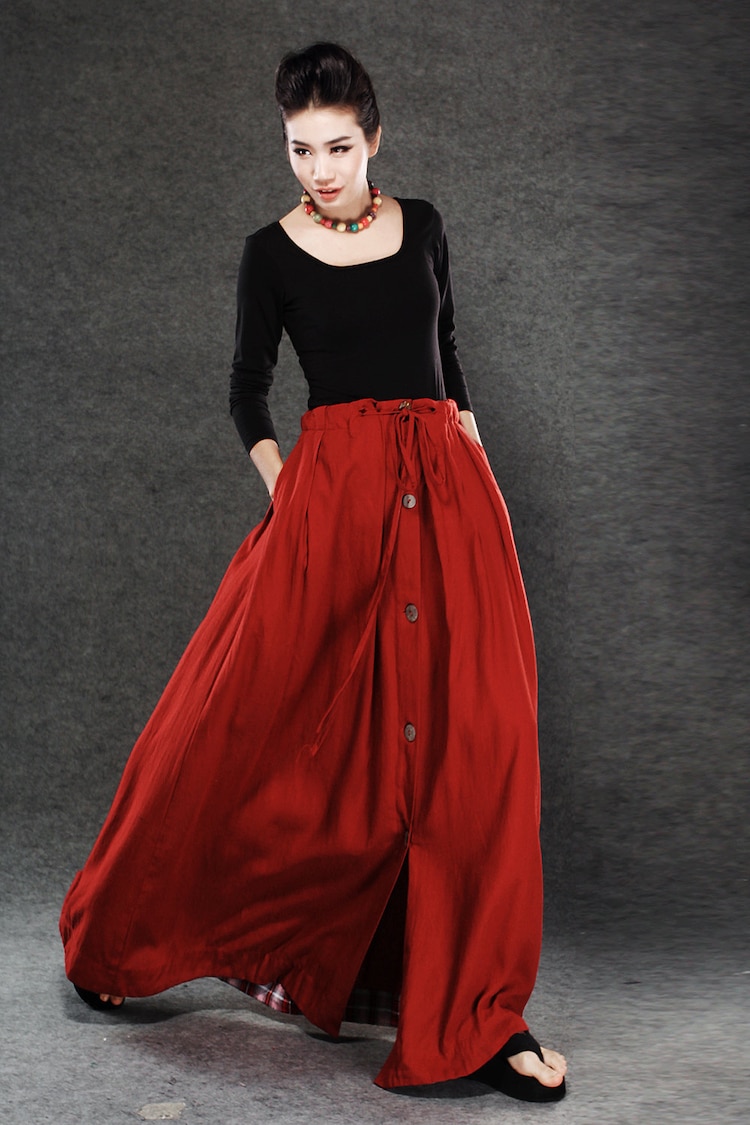 Red Linen Skirt Maxi Skirt Long Women's Skirt Simple by YL1dress