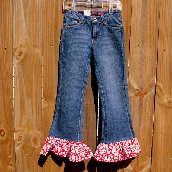 Items similar to Girl's Boutique Ruffle Jeans- Made to Match fabrics ...