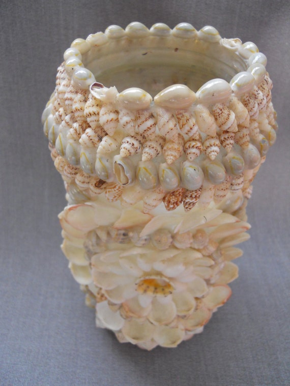 Large Vintage Seashell Mosaic Vase or Votive Candle Holder