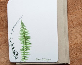 Fern and Flower Stationary Note Card Set, Personalized Stationery, Botanical Cards