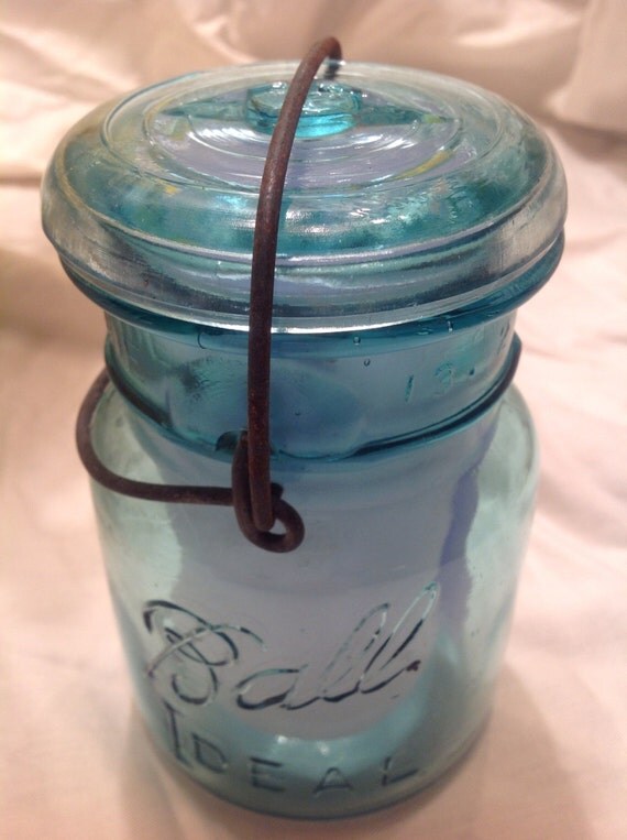 Vintage Blue Ball Jar with Glass Lid and Wire by Grambiesthings