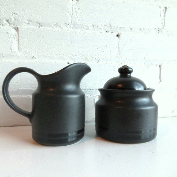 Vintage Matte Black Pfaltzgraff Ceramic Sugar Bowl and Creamer