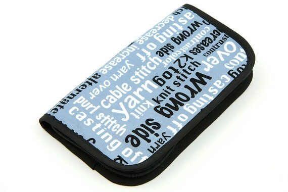 Travel Zip Around Knitting Needle Case - Knitting Words - black pockets