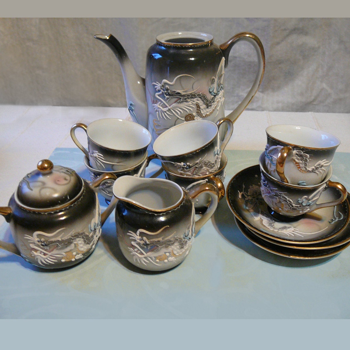 Japanese Moriage Dragonware Porcelain Tea Set with Raised