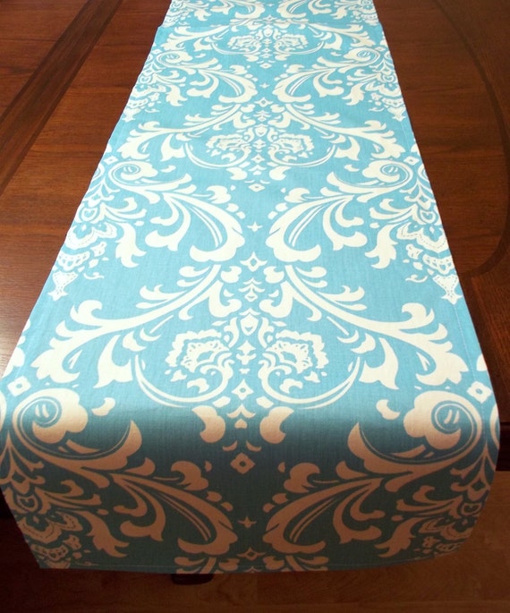 runners   wedding Table Table  Wedding blue Damask  table Aqua Decor Blue Runner