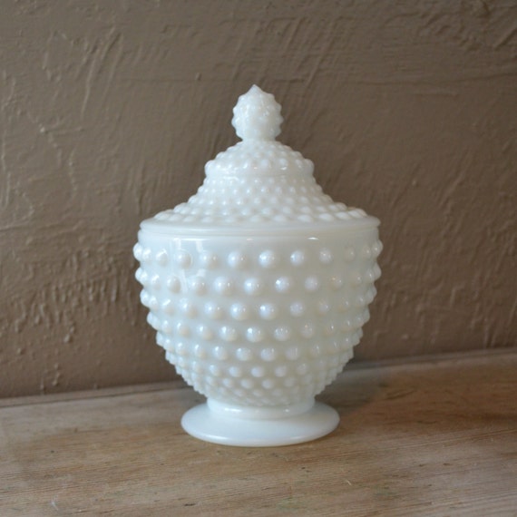 Vintage Milk Glass Candy Dish with Lid Hobnail