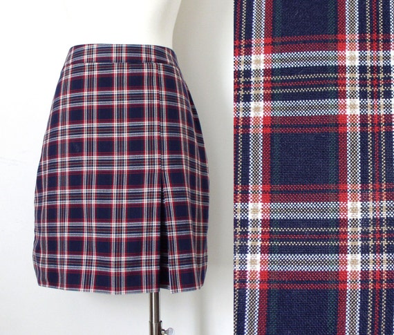 Vintage Navy and Red Plaid School Girl Uniform Skirt with Kick