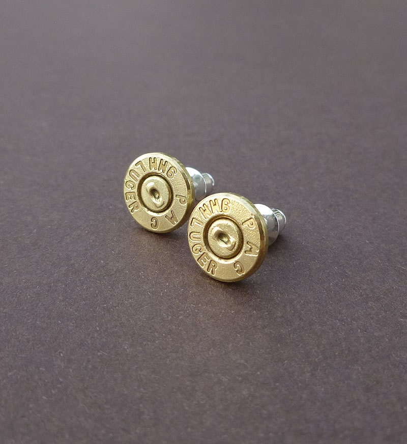 9mm luger PMC bullet earrings sterling silver studs bullet