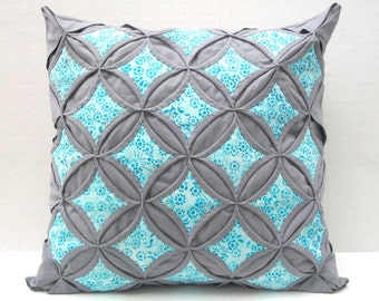 50% Off Sale Decorative Throw Pillow Cover Aqua Batik Gray Pillow Cathedral Window 18 Inch