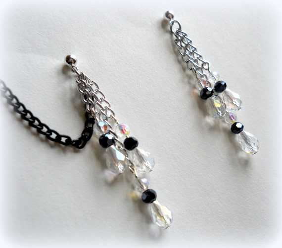 Cartilage Chain Earrings Black and White Elegance by DragonRose