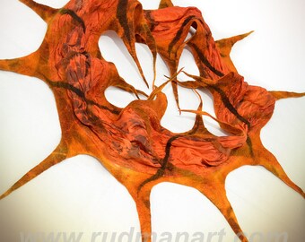 Felted Infinity Scarf Wool Silk Felt Art nunofelting hand dyed Orange Rust shibori scarf