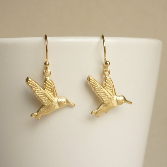 Brass Gold Hummingbird Earrings Bridesmaid Gift. Minimal