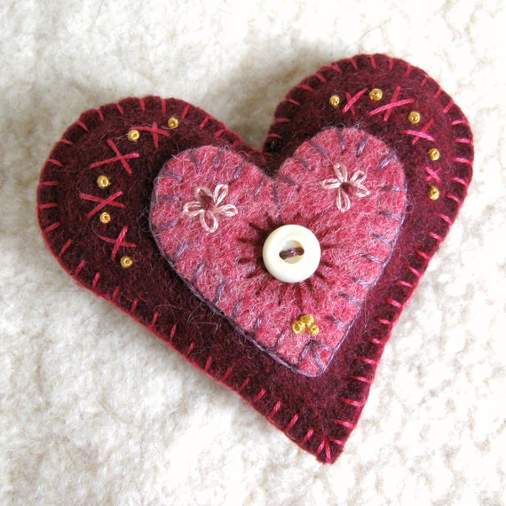 Burgundy and Mauve Heart Felt Brooch Embroidered by FeltSewGood