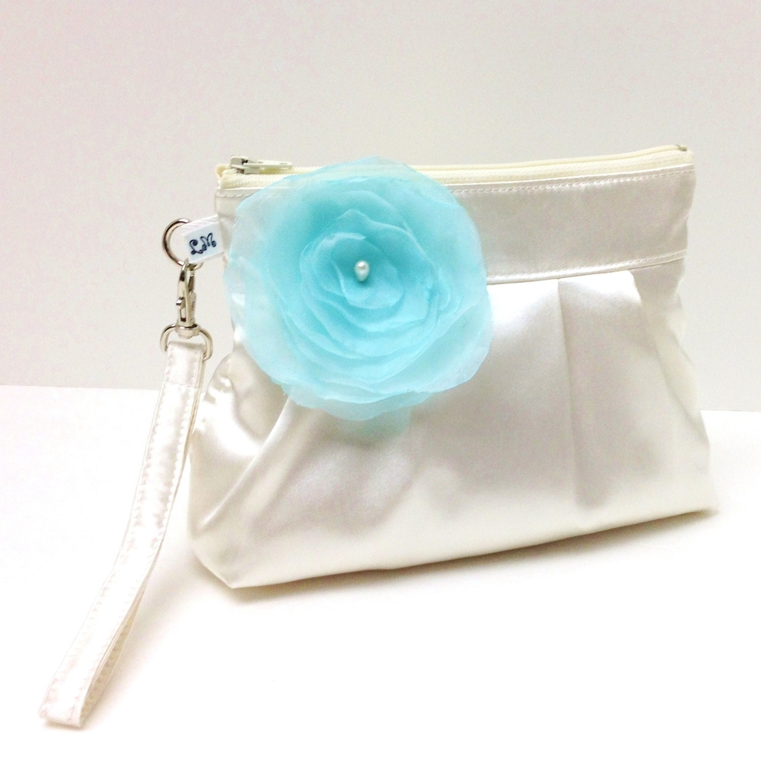 Wedding Clutch Purse Zippered Wristlet with Mint Flower Brooch