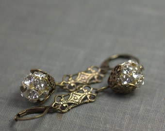 Art nouveau earrings crystal filigree brass or silver dangle rhinestone flapper antique style bridal wedding jewelry 1920's vintage inspired