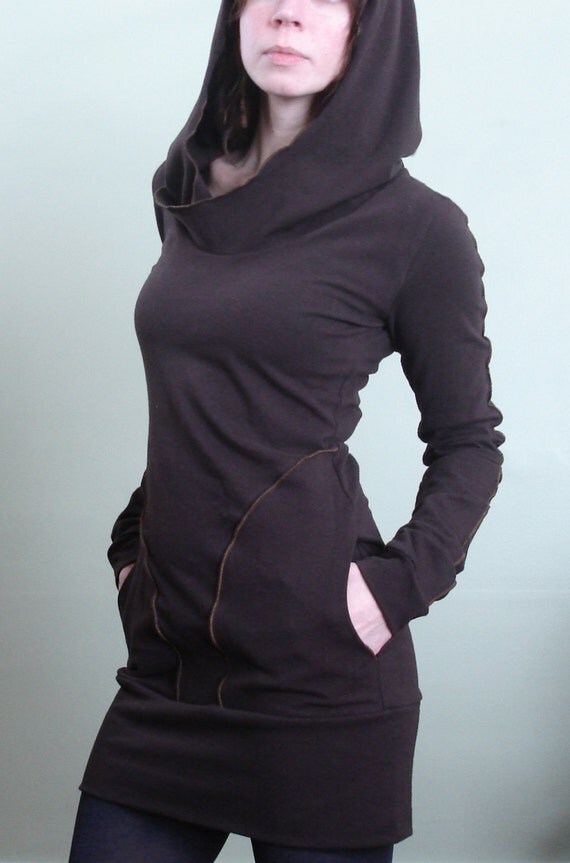 hooded tunic dress with pockets Chocolate Brown by joclothing