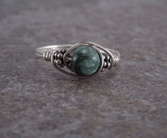 Seraphinite and Sterling Silver Bali Bead Ring Any Size