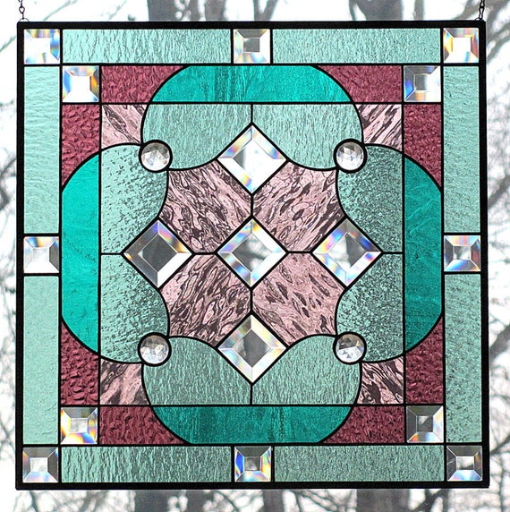 Items similar to Sea Green Teal Purple Stained Glass Beveled Hanging ...