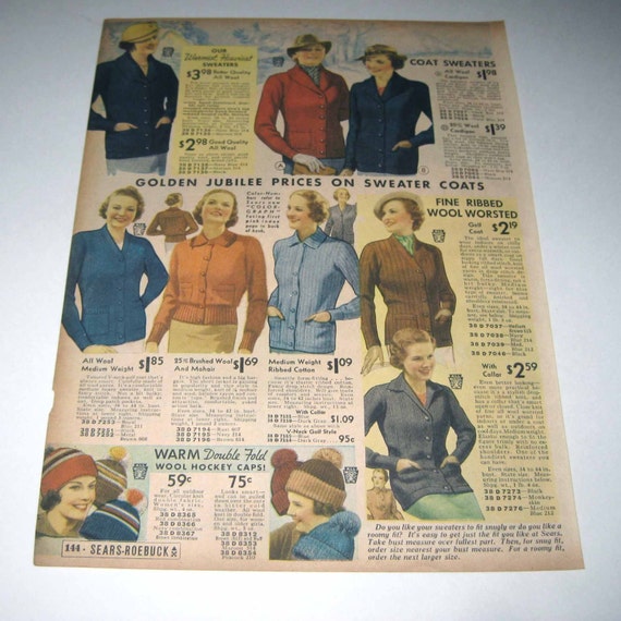 Download Items similar to Vintage 1930s Sears Roebuck Color Catalog Page of Women in Sweaters Knit Caps ...