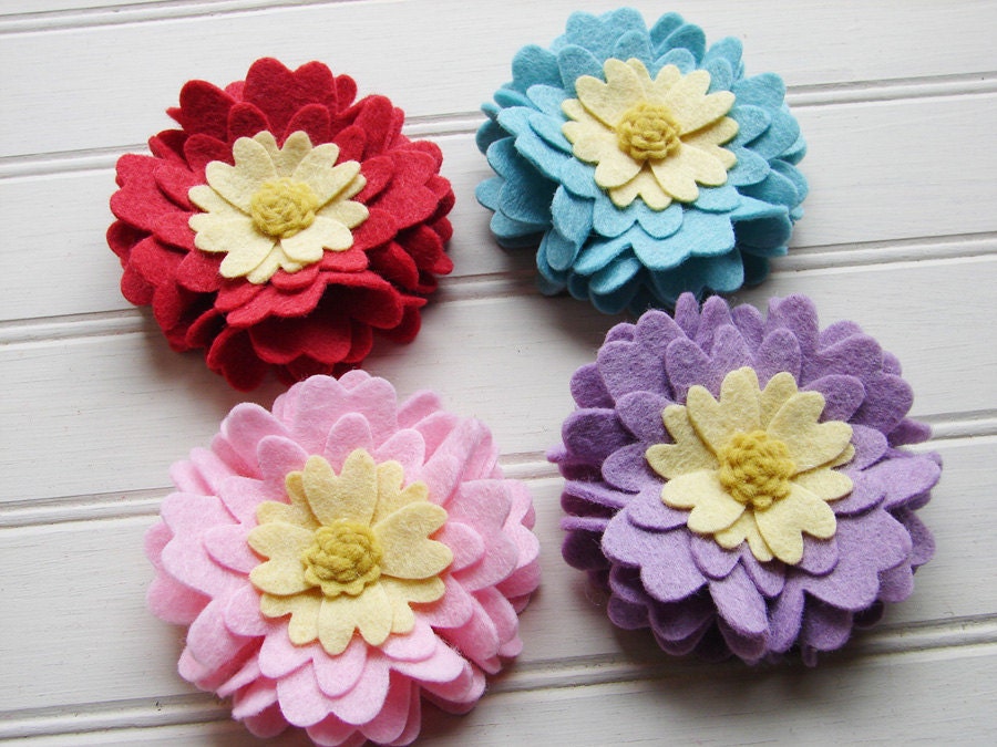 Wool Felt Flowers Heart Petal Flowers Set of 4