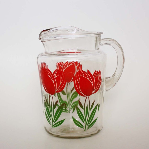 Vintage Glass Pitcher with Red Tulip Pattern