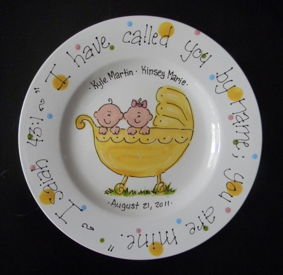 Twins Baptsim Plate Hand Painted Baby Plate for Twins Great