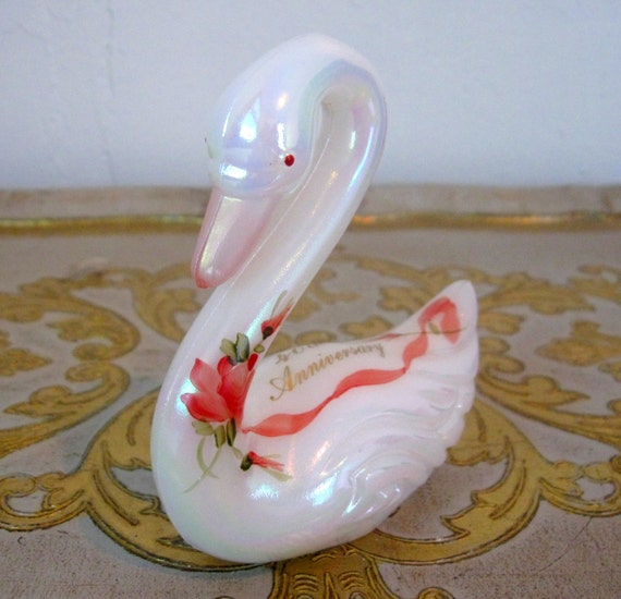 Vintage Fenton White Iridescent Glass Swan 40th Anniversary