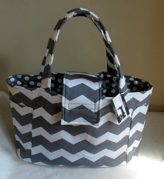 Large Gray and White Chevron with Polka Dots Diaper Bag Tote