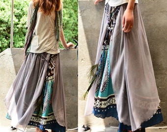 Nepalese sari cotton chiffon maxi skirt / paisley pattern skirt / peacock feather skirt / boho layered skirt / cerulean skirt (Q1106)