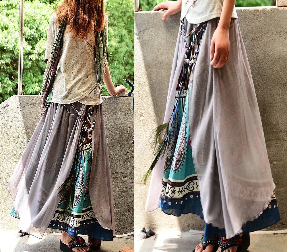 Nepalese sari cotton chiffon maxi skirt / paisley pattern