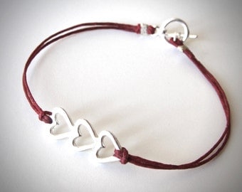 Sterling Silver Heart bracelet Three Hearts Love Bracelet Bridesmaid Anniversary gift boho ready to ship jewelry graduation mothers day