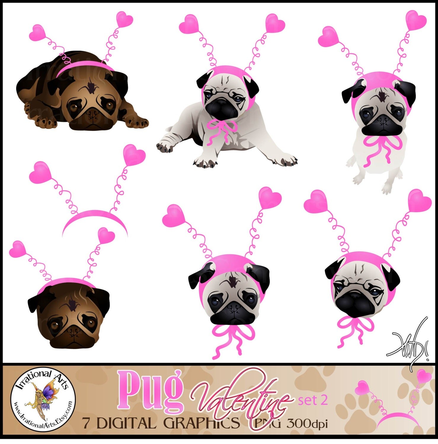 Download Pug Valentine Pug Dog Graphics set 2 - 7 digital graphics ...