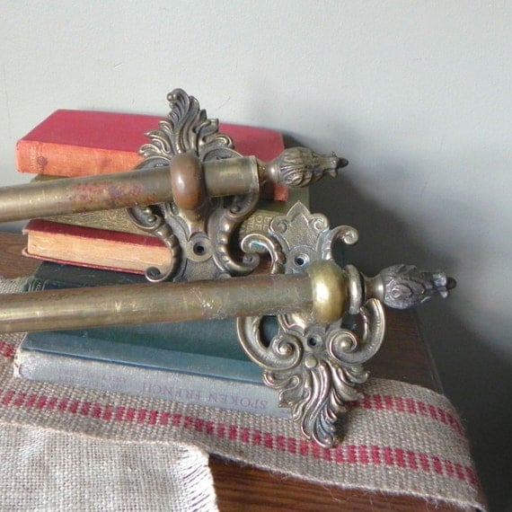 Pair antique victorian drapery curtain rods brass metal ornate