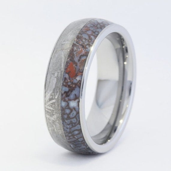 Tungsten Ring With A Dinosaur Bone And Meteorite By Jewelrybyjohan