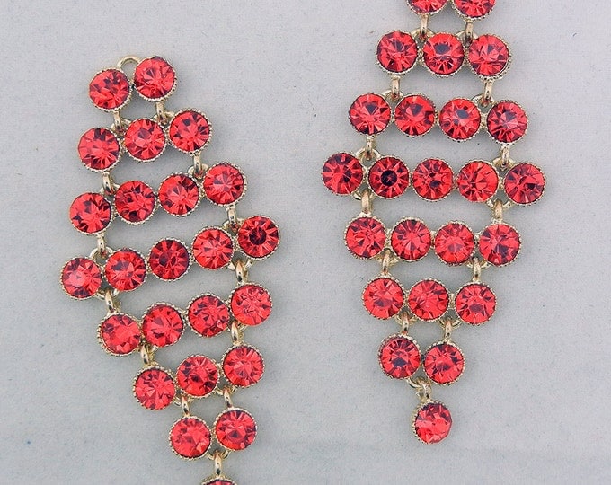 Pair of Red Rhinestone Drop Charms Gold-tone